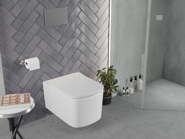 Mexen Vivo, závěsná WC mísa 555x370x335 mm, Rimless Tornádo + WC sedátko z duroplastu, bílá lesklá, 30610200T