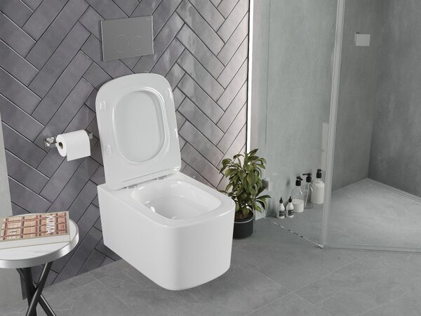 Mexen Vivo, závěsná WC mísa 555x370x335 mm, Rimless Tornádo + WC sedátko z duroplastu, bílá lesklá, 30610200T