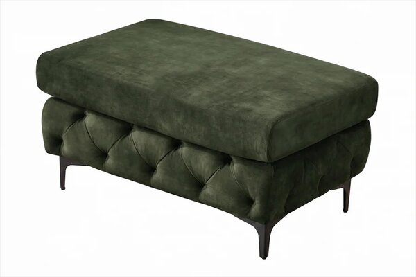 Moderní glamour obdélníková taburetka Modern Barock se zeleným sametovým potahem a chesterfield prošíváním na nožičkách 95 cm