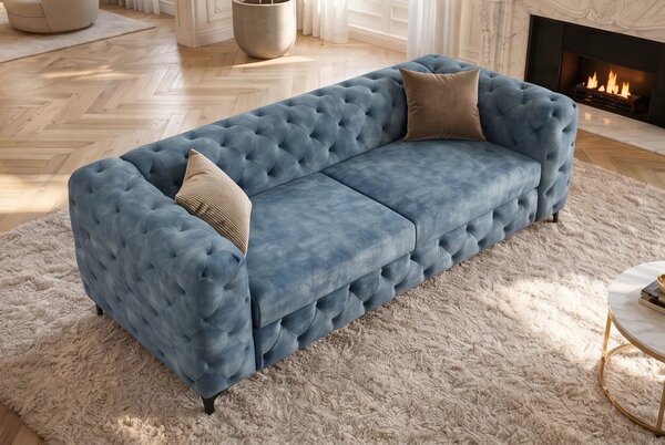 Moderní chesterfield třímístná sedačka Modern Barock se sametovým prošívaným potahem v petrolejové modré barvě 235 cm