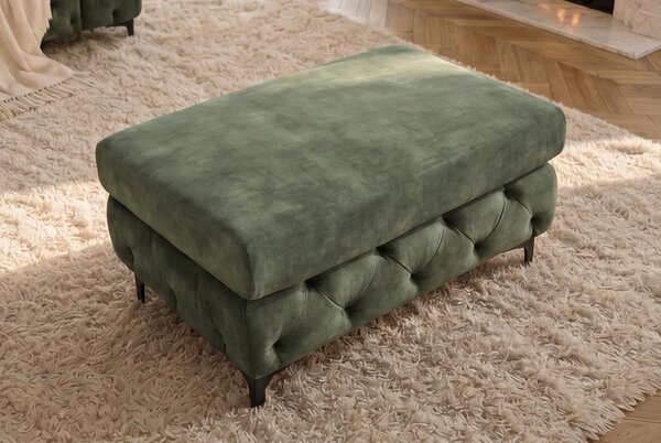 Moderní glamour obdélníková taburetka Modern Barock se zeleným sametovým potahem a chesterfield prošíváním na nožičkách 95 cm