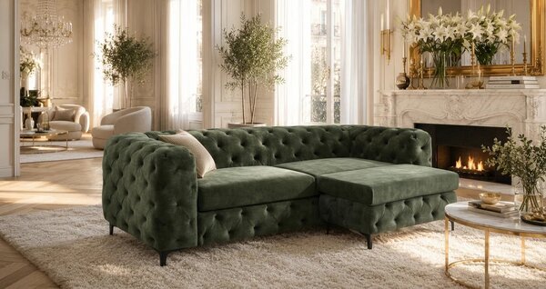 Moderní glamour zelená třímístná sedačka Modern Barock se sametovým potahem s prošíváním v chesterfield stylu 235 cm