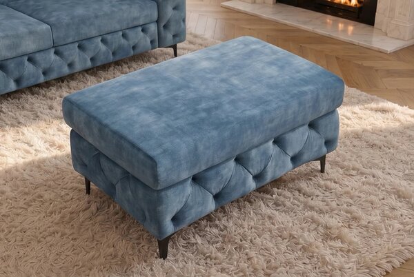 Moderní chesterfield obdélníková taburetka Modern Barock se sametovým čalouněním v petrolejové modré barvě a nožičkami 95 cm