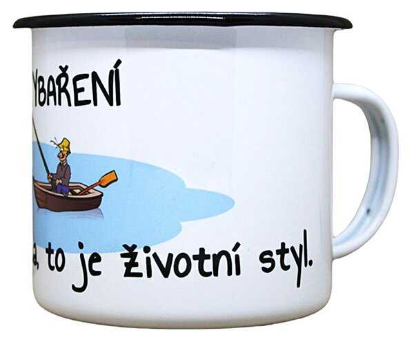 Smaltovaný hrnek plecháček s potiskem rybaření, 330 ml