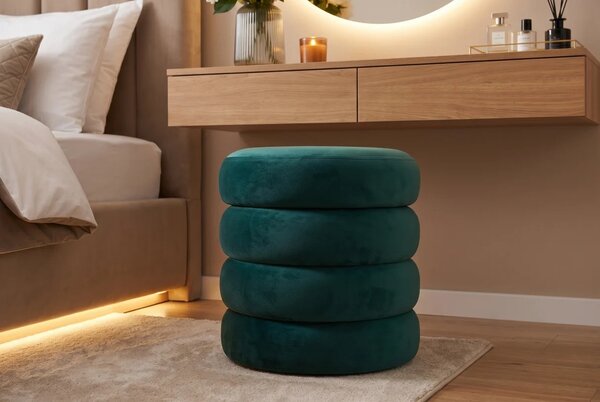Moderní art deco kulatá taburetka Eliana v tyrkysové modrozelené barvě s úložným prostorem a sametový čalouněním 41 cm