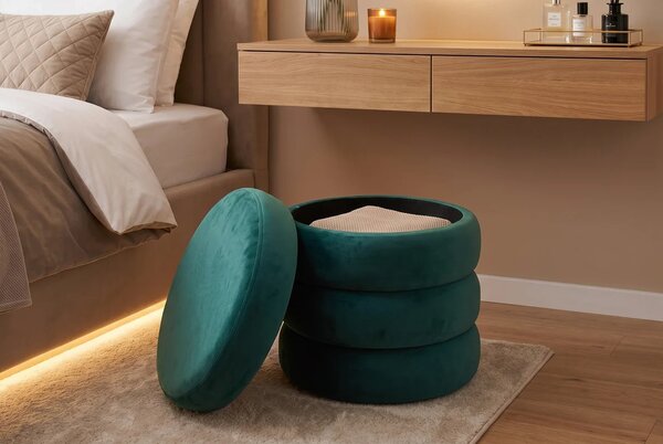 Moderní art deco kulatá taburetka Eliana v tyrkysové modrozelené barvě s úložným prostorem a sametový čalouněním 41 cm
