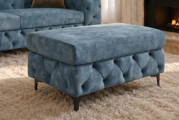 Moderní chesterfield obdélníková taburetka Modern Barock se sametovým čalouněním v petrolejové modré barvě a nožičkami 95 cm
