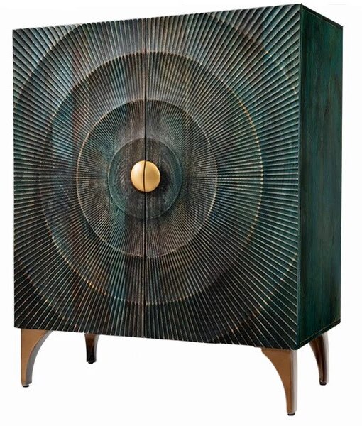 Designová art deco dvoudveřová barová skříňka Cumbria v tyrkysové barvě se zlatými detaily a reliéfem s motivem slunce 120 cm