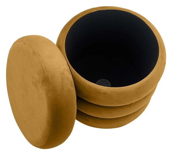 Designová art deco kulatá taburetka Eliana s prošívaným sametovým čalouněním a úložným prostorem v hořčicové žluté barvě 41 cm