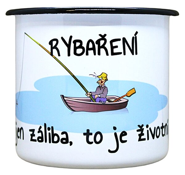 Smaltovaný hrnek plecháček s potiskem rybaření, 330 ml