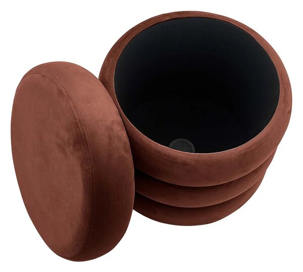 Moderní art deco kulatá taburetka Eliana s úložným prostorem a sametovým potahem v rezavé hnědé barvě 41 cm