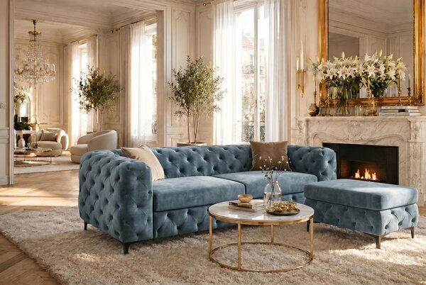 Moderní chesterfield obdélníková taburetka Modern Barock se sametovým čalouněním v petrolejové modré barvě a nožičkami 95 cm