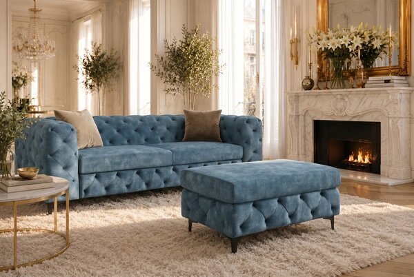 Moderní chesterfield obdélníková taburetka Modern Barock se sametovým čalouněním v petrolejové modré barvě a nožičkami 95 cm