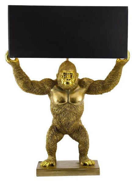 Designová glamour stolní lampa Tierra Glam se zlatou podstavou ve tvaru stojící opice s černým obdélníkovým stínítkem 65 cm