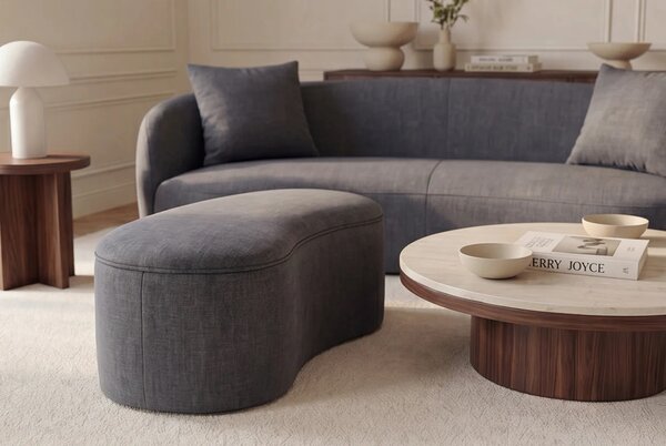 Moderní designová lavice Magritte organického oválného tvaru s úložným prostorem a šedým sametovým potahem 120 cm
