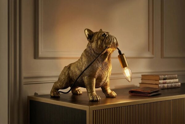 Designová glamour stolní lampa Tierra Glam se sochou buldoka držícího žárovku ve zlaté barvě 35 cm
