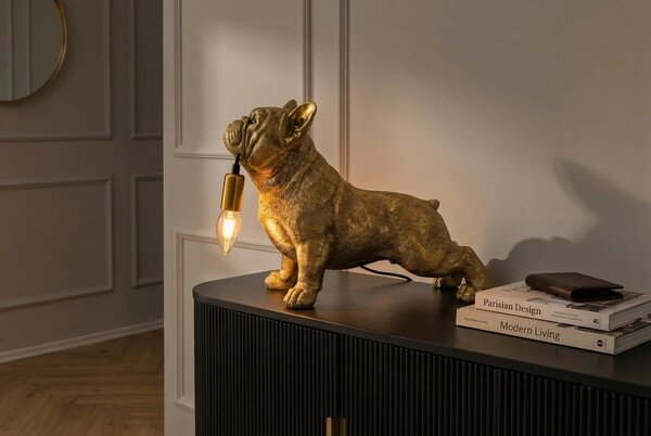 Designová glamour stolní lampa Tierra Glam se sochou buldoka držícího žárovku ve zlaté barvě 35 cm