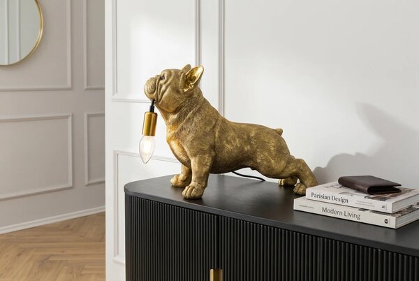 Designová glamour stolní lampa Tierra Glam se sochou buldoka držícího žárovku ve zlaté barvě 35 cm
