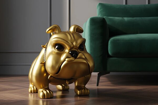 Moderní designová zlatá socha Pop Atelier v podobě sedícího buldoka v animovaném pop art stylu s černými detaily 59 cm
