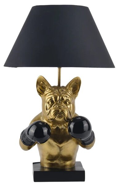 Glamour stolní lampa Pop Atelier s černým stínítkem a podstavou se zlatou sochou buldoka s boxerskými rukavicemi 56 cm