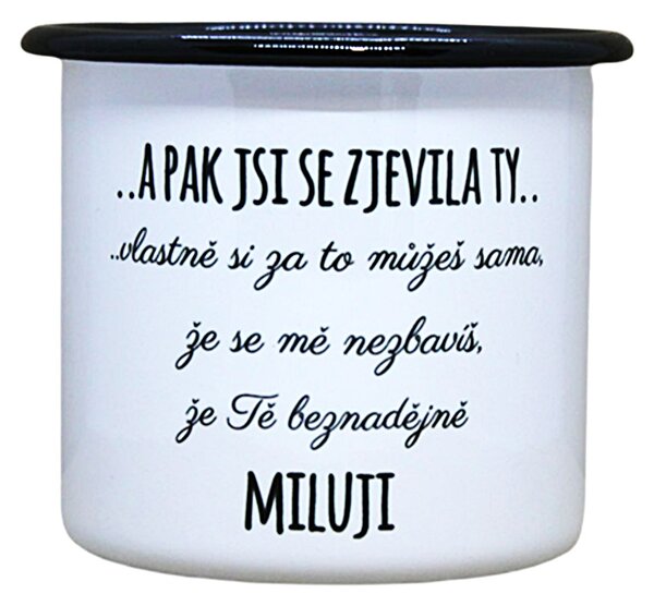 Smaltovaný hrneček plecháček s potiskem miluji, 330 ml