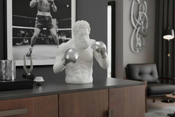 Moderní designová bílá socha Zeus v podobě antické figury v boxerské póze s lesklými stříbrnými rukavicemi 47 cm