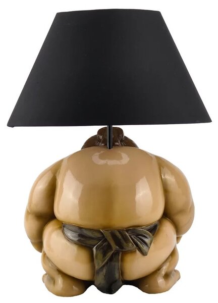 Designová stolní lampa Pop Atelier s černým stínítkem a figurou sumo bojovníka v hnědé a béžové barvě v pop art stylu 49 cm