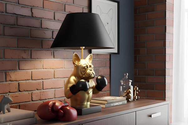 Glamour stolní lampa Pop Atelier s černým stínítkem a podstavou se zlatou sochou buldoka s boxerskými rukavicemi 56 cm