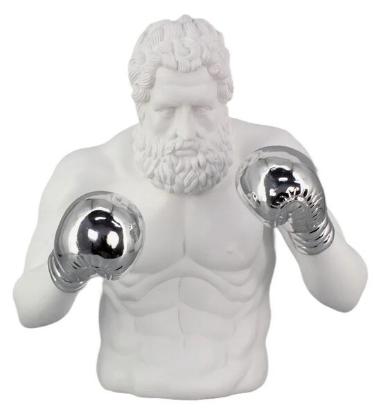 Moderní designová bílá socha Zeus v podobě antické figury v boxerské póze s lesklými stříbrnými rukavicemi 47 cm