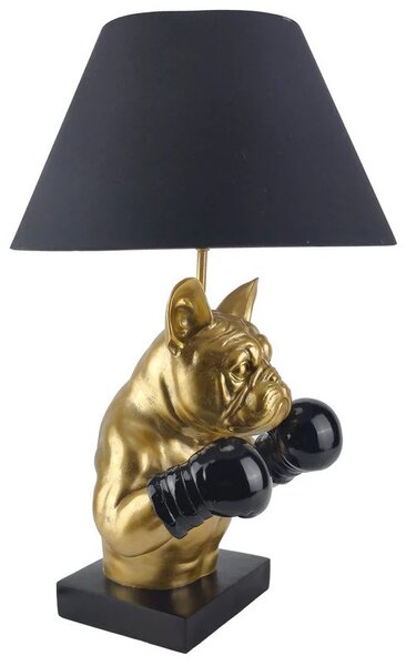 Glamour stolní lampa Pop Atelier s černým stínítkem a podstavou se zlatou sochou buldoka s boxerskými rukavicemi 56 cm