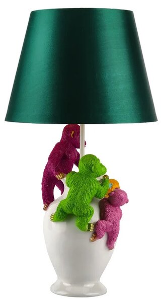Designová stolní lampa Tierra Glam se zeleným textilním stínítkem a bílou podstavou s barevnými figurami opic 55 cm
