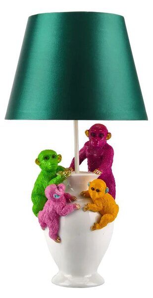 Designová stolní lampa Tierra Glam se zeleným textilním stínítkem a bílou podstavou s barevnými figurami opic 55 cm