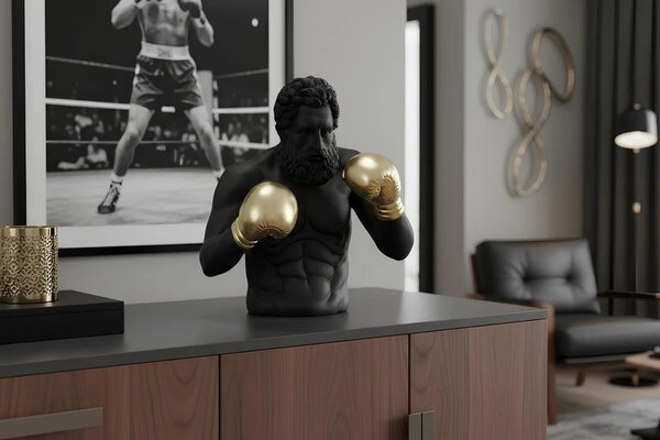 Moderní designová socha Zeus s motivem černé antické figury se zlatými boxovacími rukavicemi v pop art stylu 48 cm