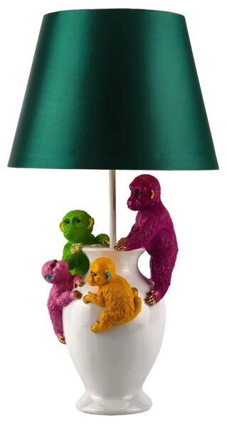 Designová stolní lampa Tierra Glam se zeleným textilním stínítkem a bílou podstavou s barevnými figurami opic 55 cm