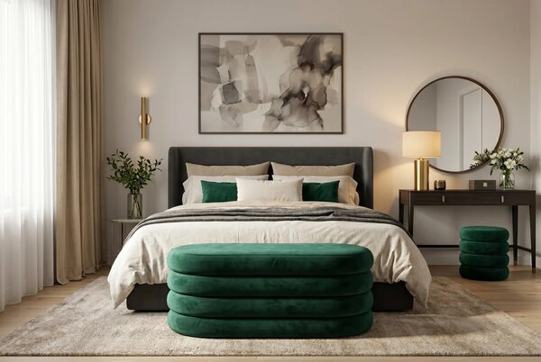 Designová glamour oválná lavice Eliana s čalouněním a sametovým potahem ve smaragdové zelené barvě s úložným prostorem 85 cm