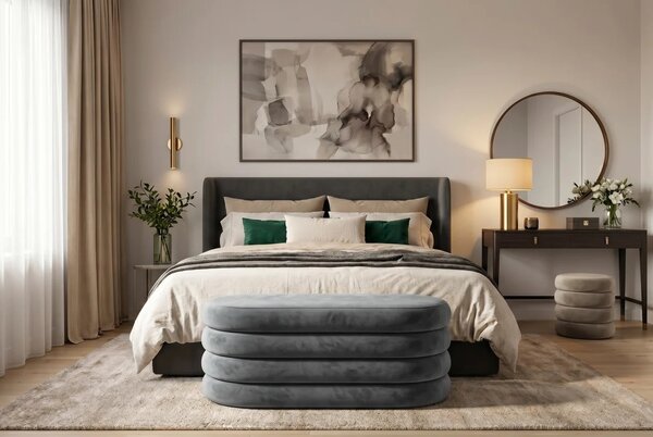 Moderní art deco lavice Eliana oválného tvaru s šedým sametovým potahem s lineárním prošíváním a úložným prostorem 85 cm