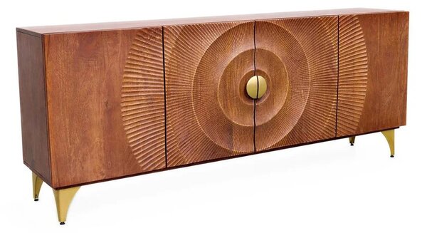 Designový art deco čtyřdveřový příborník Cumbria z masivního mangového dřeva v hnědé barvě se zlatými detaily 180 cm