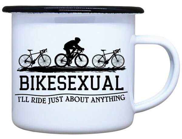 Smaltovaný hrnek plecháček s potiskem Bikesexual, 330 ml