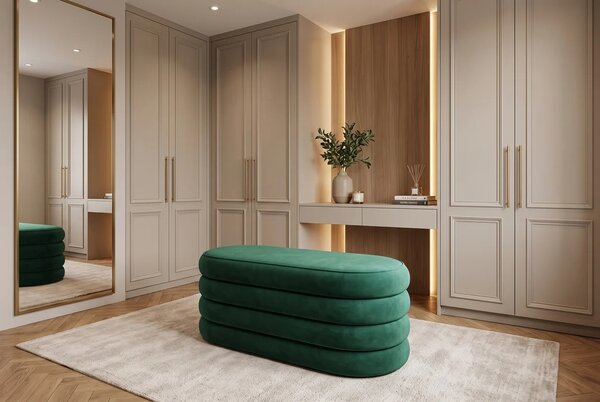Designová glamour oválná lavice Eliana s čalouněním a sametovým potahem ve smaragdové zelené barvě s úložným prostorem 85 cm