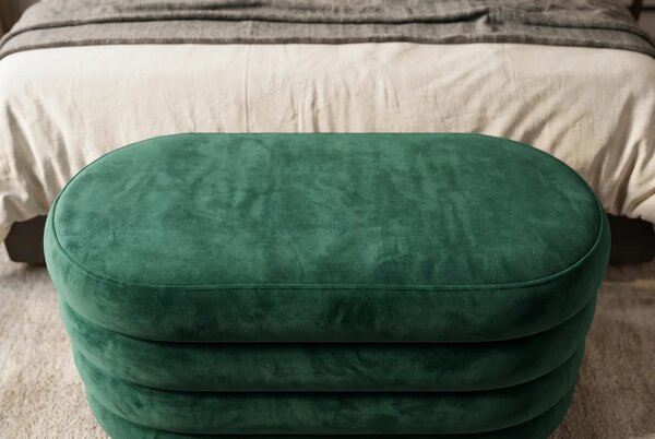 Designová glamour oválná lavice Eliana s čalouněním a sametovým potahem ve smaragdové zelené barvě s úložným prostorem 85 cm