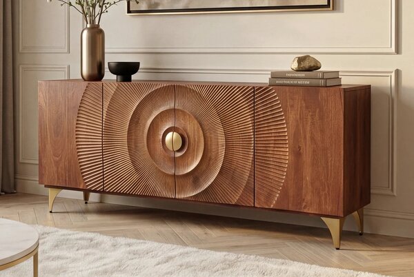 Designový art deco čtyřdveřový příborník Cumbria z masivního mangového dřeva v hnědé barvě se zlatými detaily 180 cm