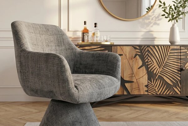 Designová art deco čalouněná jídelní židle Sonu s šedým žinylkovým potahem a otočným sedadlem s jednou nohou 62 cm