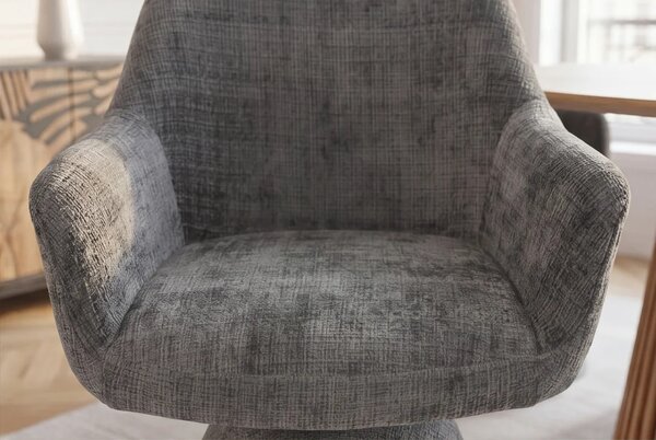 Designová art deco čalouněná jídelní židle Sonu s šedým žinylkovým potahem a otočným sedadlem s jednou nohou 62 cm