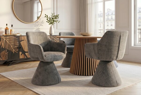 Designová art deco čalouněná jídelní židle Sonu s šedým žinylkovým potahem a otočným sedadlem s jednou nohou 62 cm