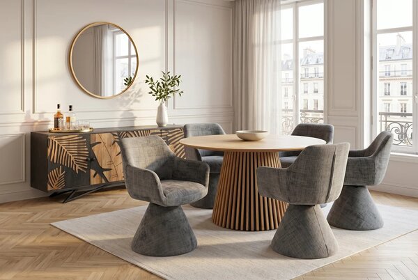 Designová art deco čalouněná jídelní židle Sonu s šedým žinylkovým potahem a otočným sedadlem s jednou nohou 62 cm