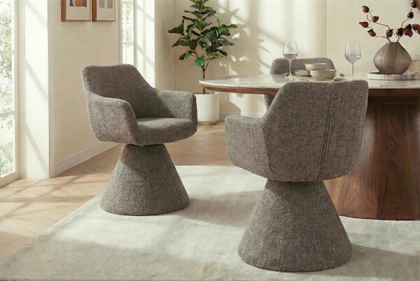 Moderní art deco otočná jídelní židle Sonu s mohutnou nohou a celoplošným potahem v hnědošedém odstínu taupe 62 cm