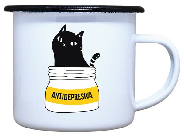 Smaltovaný plecháček s kočkou ANTIDEPRESIVA, 330 ml