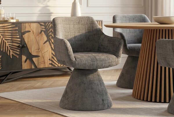 Designová art deco čalouněná jídelní židle Sonu s šedým žinylkovým potahem a otočným sedadlem s jednou nohou 62 cm