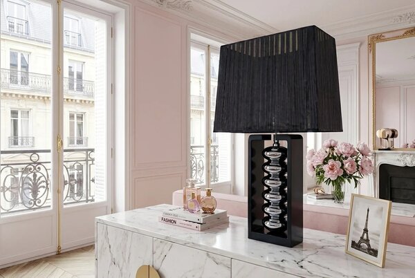 Designová glamour černá stolní lampa Galla s organzovým polohovatelným stínítkem a nohou s lesklým stříbrným akcentem 55 cm