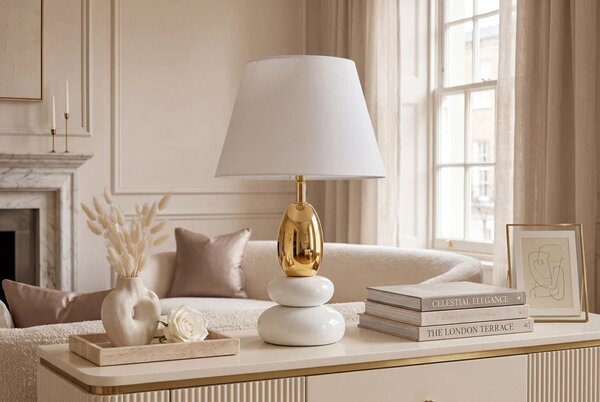 Glamour stolní lampa Caillou s designem oblázků v bílé barvě se zlatým detailem s polohovatelným stínítkem 45 cm